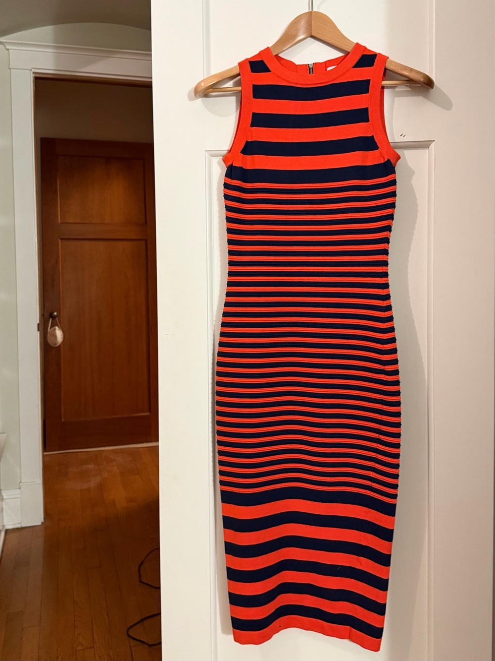 Milly Navy and Bright Orange Striped Midi Dress